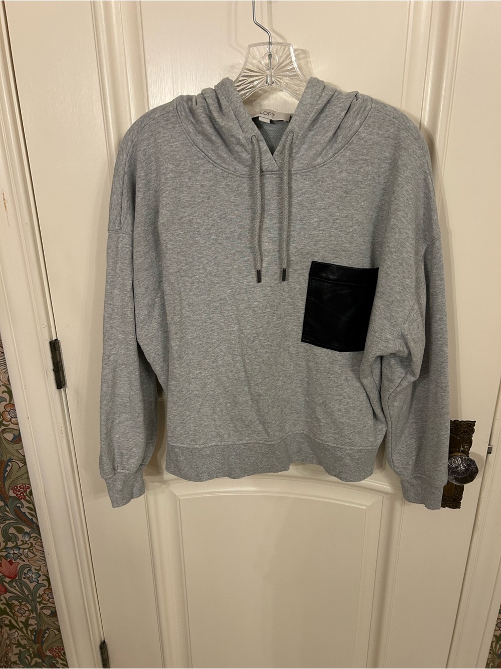 LOFT Light Gray Hoodie with Black Faux Leather Chest Patch Pocket
